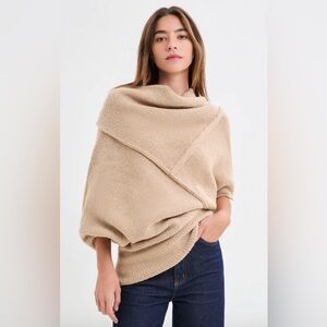 Chic and cozy asymmetrical Knit Poncho Sweater in Camel